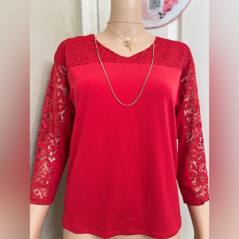 JM Collection Red Lace Sleeve Blouse